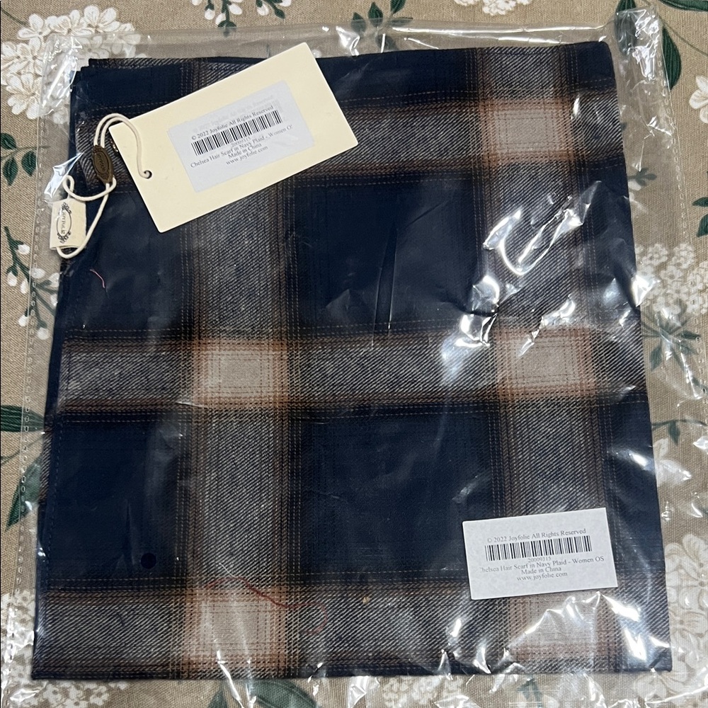 Joyfolie Chelsea Hair Scarf Navy Brown Plaid One Size Women’s New Sealed